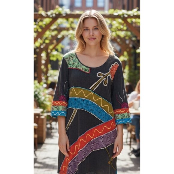 Rising International 3XL Boho Patchwork Appliqué Tunic Dress Black Cotton Nepal - Picture 1 of 9